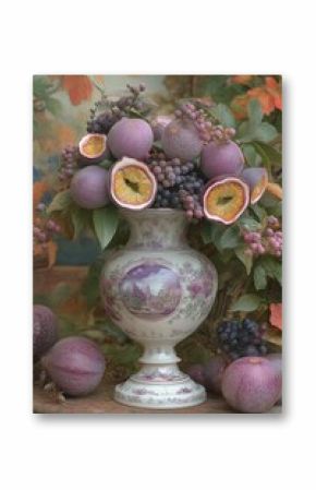 Passion Fruit and Grape Still Life: A Romantic Porcelain Vase Arrangement
