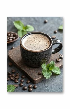 black coffee cup filled with rich black coffee rests on a luxurious dark wooden surface