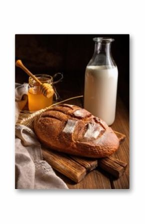 Rustic Still Life of Freshly Baked Bread with Milk and Honey 