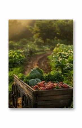 Rustic wooden cart with fresh vegetables in golden farm light