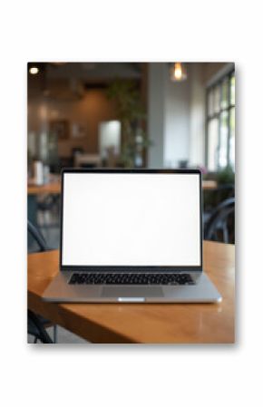 A sleek modern laptop placed on a minimalist desk, with a bright, blank white screen