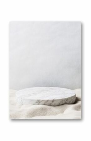 Marble round podium on sand background