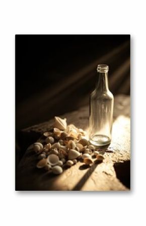 Empty Glass Bottle and Seashells on Wooden Surface