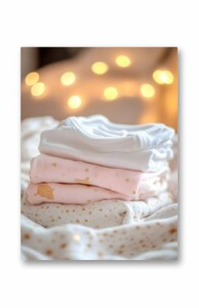 Neatly Folded Baby Clothes on Soft Blanket with Warm Lighting