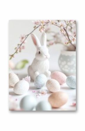 Pastel-colored Easter eggs and a ceramic bunny on a soft floral-themed table setting.