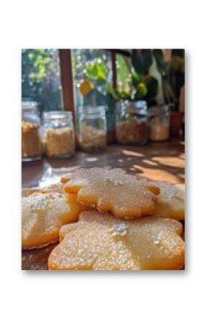 Close up view of star shaped cookies on wood with sun and jar background