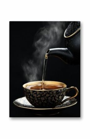 Steaming tea pouring, dark background, elegant cup, beverage