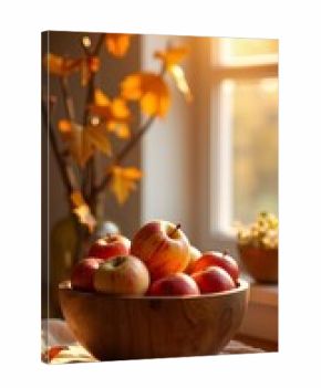 A vibrant autumn still life with a bowl of apples and a vase of fall leaves