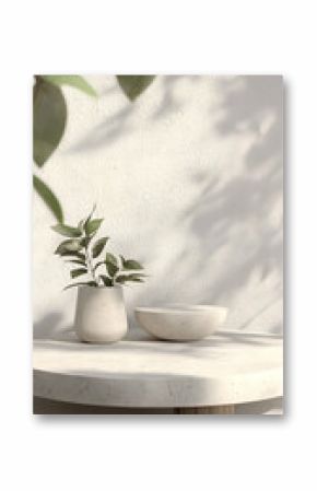 Serene Minimalist Still Life: Plants, Stone Bowl, and Pot on a Circular Table