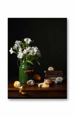 Photo still life in Dutch style with lemon and real snail achatina
