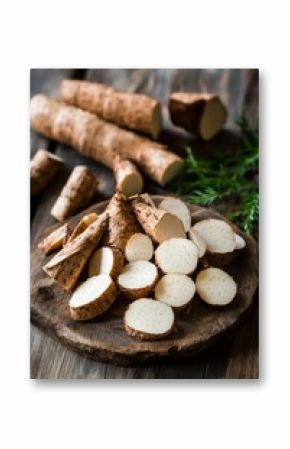 Freshly harvested yam slices on a rustic wooden board with greenery