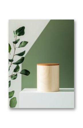 Wooden cylinder display podium with greenery, white and green backdrop