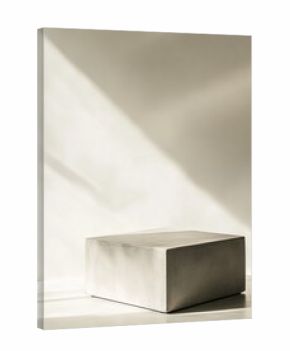 Light-filled, minimalist studio with a neutral cube display