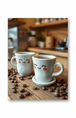 Whimsical Coffee Break: Cute mugs filled with coffee, surrounded by roasted coffee beans on a wooden table.