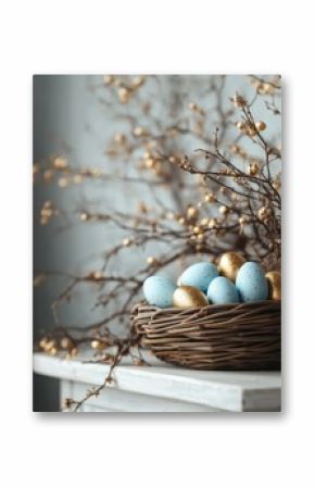 Easter card. Woven basket filled with blue and gold eggs. Great for spring and celebration imagery.