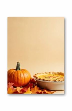 Autumnal Pumpkin Pie and Gourd Still Life with Fall Foliage