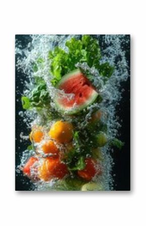 Colorful Fruits and Vegetables Splashing into Water on Black Background Creating a Refreshing and Healthy Still Life with Vibrant Colors