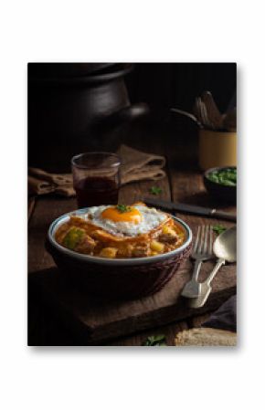 Charquicán with egg on top, traditional Chilean dish with potatoes, pumpkin, corn and ground beef.