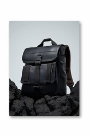 Stylish black backpack resting on dark rocks in a studio setting