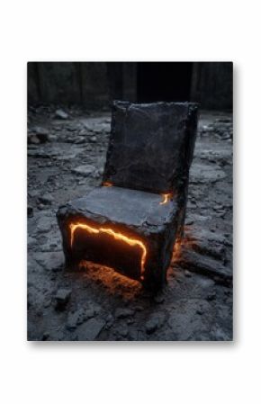 Stone chair with glowing cracks in a ruined building.