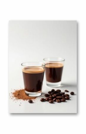 Two Glasses of Espresso with Coffee Beans and Cocoa Powder on a White Background
