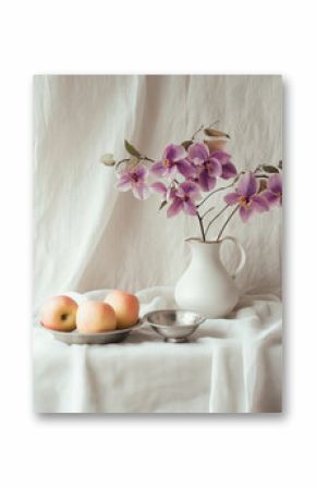 Fresh apples and purple flowers in serene still life setting