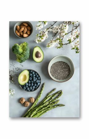 Top-Down Still Life of Healthy Foods, Including Avocado, Almonds, Chia Seeds, Asparagus, Walnuts and Broccoli, with Delicate White Blossoms on a Textured Surface