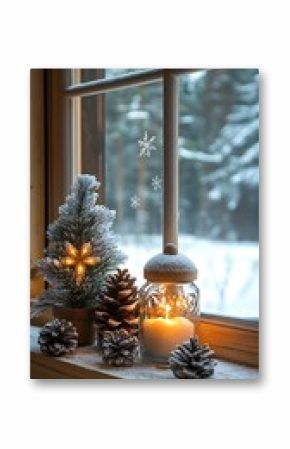 Snowy windowsill scene with Christmas decorations
