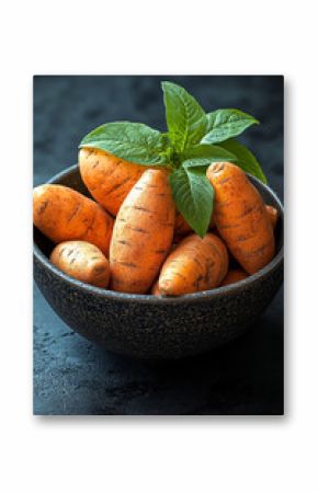 Vibrant Orange Carrots with Fresh Green Leaves in a Textured Black Bowl