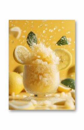 Refreshing Lemon Granita with Water Splashes and Yellow Background