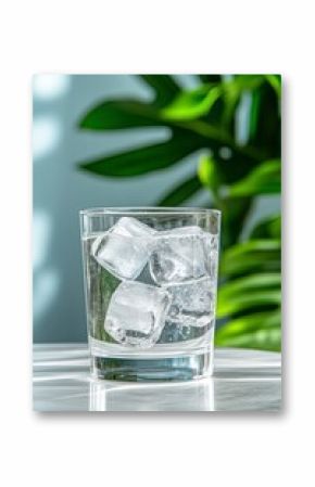 Sparkling Water with Ice Cubes and Tropical Leaves
