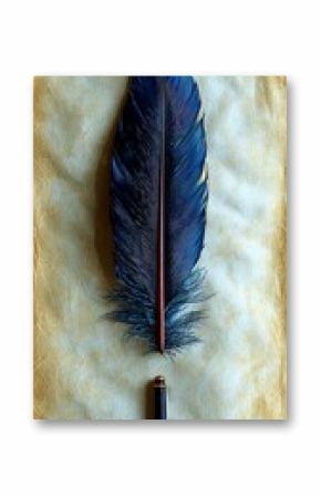 A blue quill pen and feather laid on aged paper