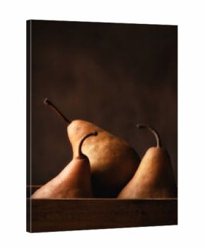 Fruit Still Life. Three Bosc Pears in a wooden box with  mottled brown background, vertical composition.