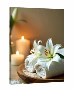 White lilies, candles, towels, bath salts, spa ambiance, petals, minimal, organic