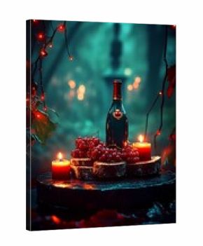 Wine bottle and grapes on a wooden platform
