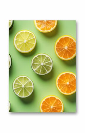 Perfectly arranged citrus slices of lemon, lime, and orange on a vibrant green background, fresh tropical summer fruits