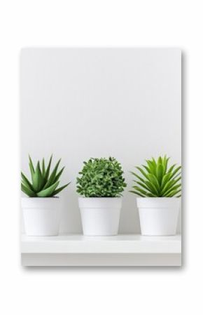 Stylish potted plants on white shelf.