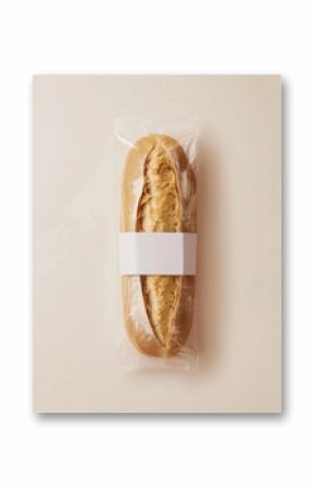 Fresh Baguette Bread in Plastic Wrap Packaging with a Blank White Label