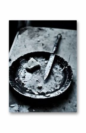 Dark Moody Still Life, Knife and Crumbs on Rustic Plate