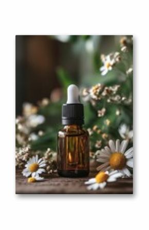 Chamomile Essential Oil In Glass Bottle Surrounded By Dried Flowers And Petals Cozy Scene
