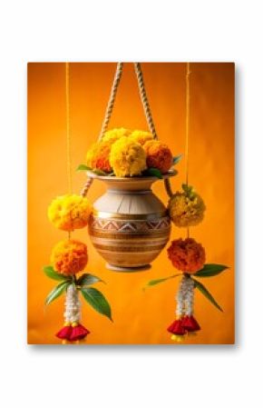 Festive Hanging Pot Decoration with Marigold Flowers