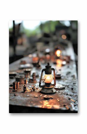 Rusty Metal Lantern Glowing on a Dark Weathered Surface