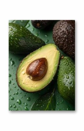 Avocado in the spotlight: macro photography with drops and a soft background. 