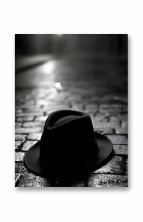 Black Fedora Hat on Wet Cobblestone Street at Night