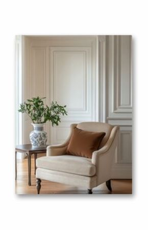 Beige Armchair with Brown Pillow near Table with Floral Vase in White Room