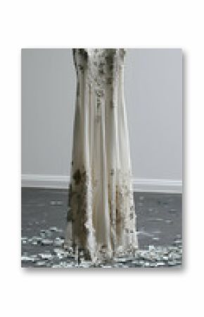 Ivory Lace Wedding Gown Scattered on Gray Floor
