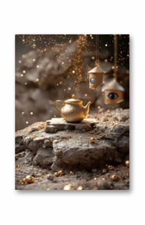 Golden Teapot on Rocks with Glitter and Birdhouse