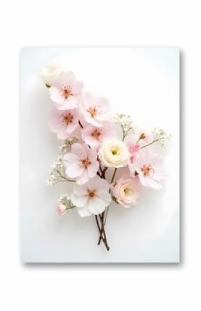 Elegant floral arrangement featuring delicate pink cherry blossoms, creamy ranunculus, and airy baby's breath against a clean white background.