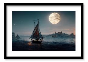 Spectacular digital art 3D illustration of a nighttime scene with a medieval fantasy sailboat, schooner sailing along the coast with docks and lighthouses, and a bright moon in the sky.