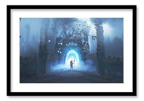 man with spear standing in front of the hallway leading to the mysterious castle, digital art style, illustration painting